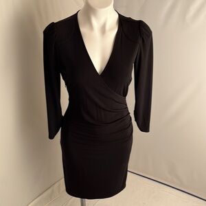 Laundry by Design black faux wrap v-neck ruched three quarter sleeve dress